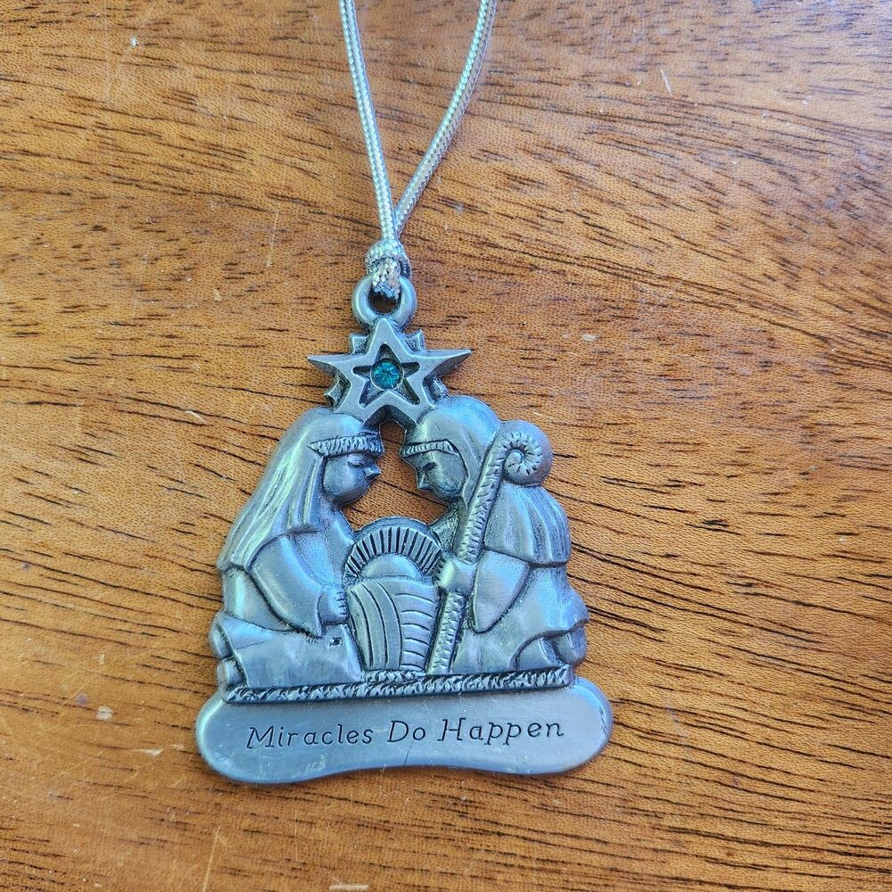 Gloria Duchin Nativity "Miracles Do Happen" Pewter Ornament Green Gemstone 2003